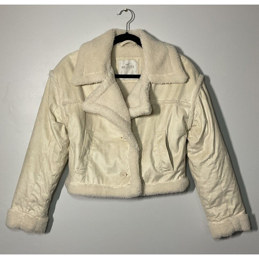 Hollister Sherpa Cropped Jacket Womens Cream Microfiber Faux Suede Size XS
